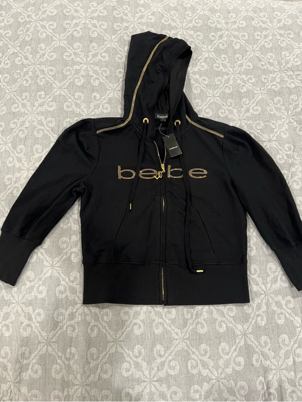 bebe Black Zip Hoodie with Gold Trim